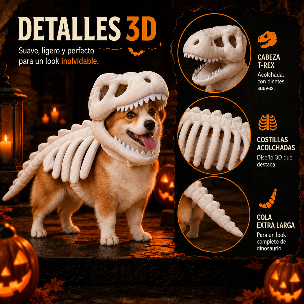 DinoBones™ – Disfraz Esqueleto de Dinosaurio para Perro