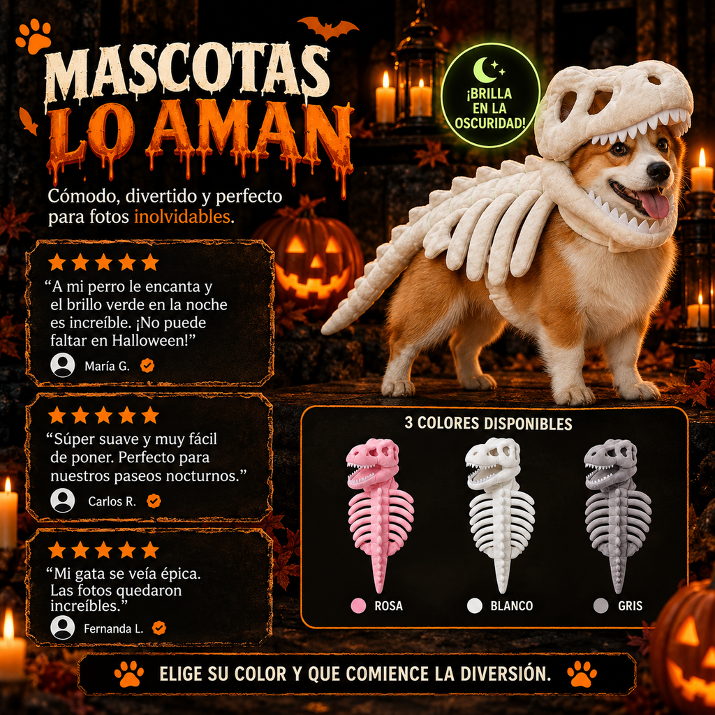 DinoBones™ – Disfraz Esqueleto de Dinosaurio para Perro